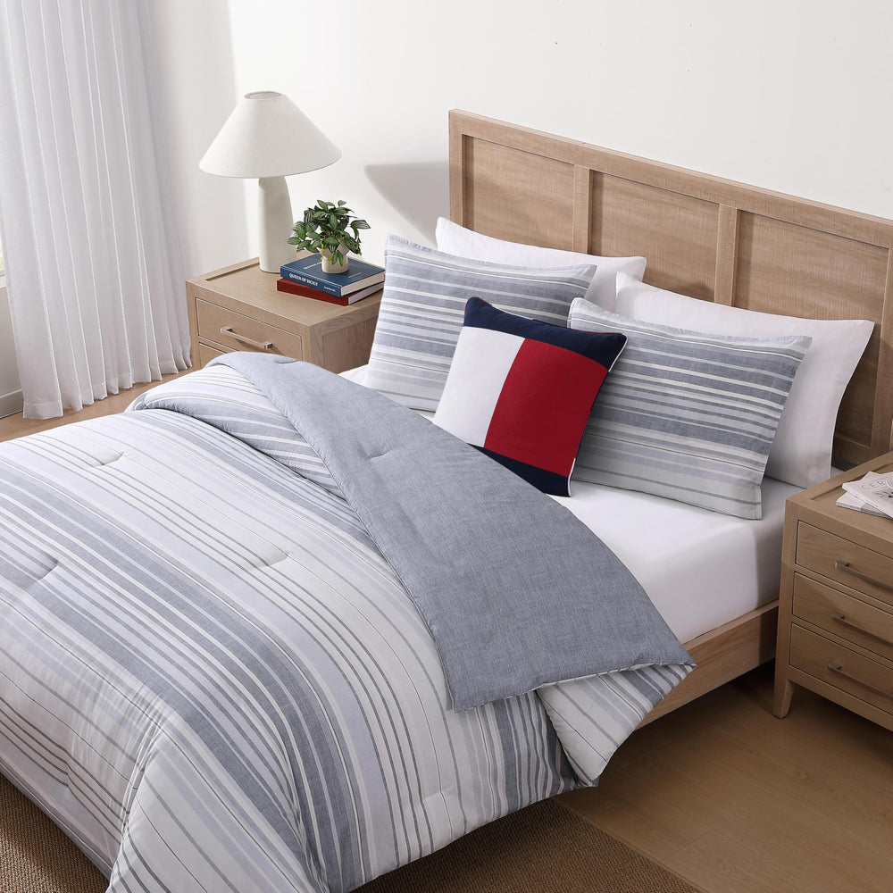 Bold Stripe Grey Cotton Comforter Set with Shams