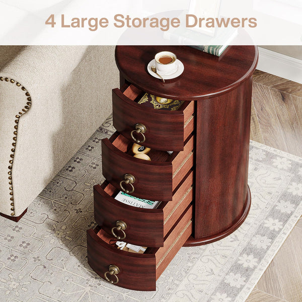 Round Solid Wood Side Table with 4 Drawers – Set of 2
