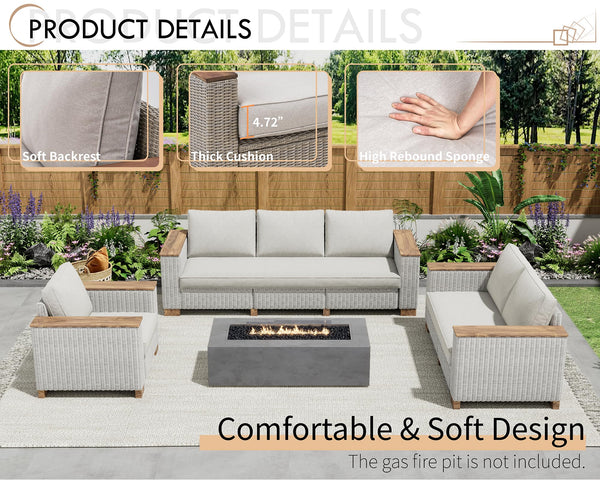 Outdoor Wicker Patio Sectional Sofa Set with Wood Armrests