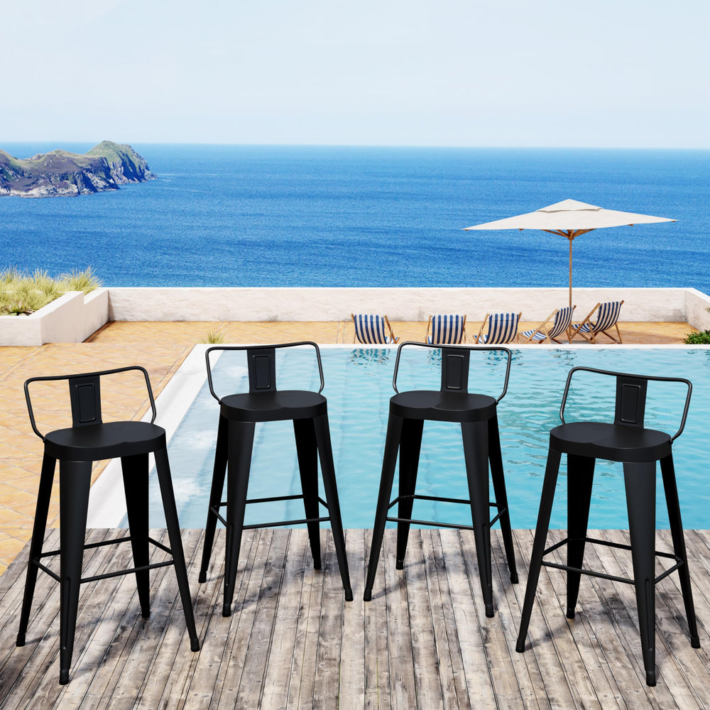 Metal Bar Stools Set of 4 with Back, Indoor Outdoor Counter Height, Matte Black
