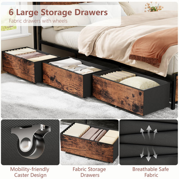 Full/Queen Platform Bed Frame with Storage Headboard, 6 Drawers & LED Lights