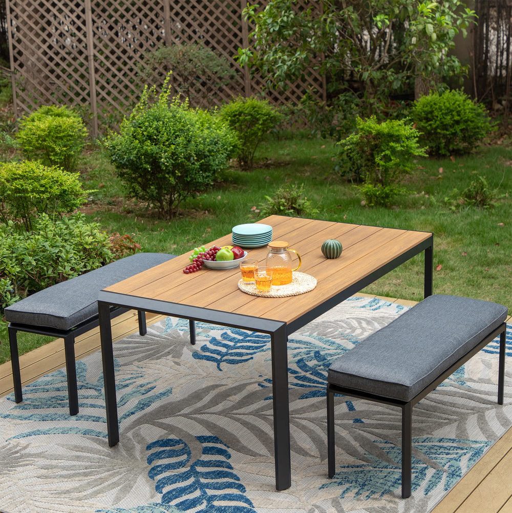 3-Piece Aluminium Patio Dining Set with Benches and Cushions