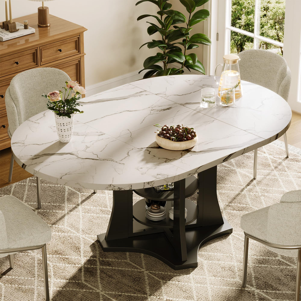 Expandable Round to Oval Dining Table with 2-Tier Storage Shelves