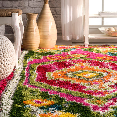 Moroccan Shag Area Rug – Multi-Color Trellis, Power-Loomed Polypropylene