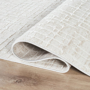 Beige Geometric Grid Area Rug – Medium Pile, Pet & Kid Friendly