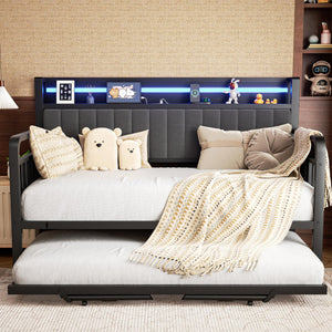 Metal Daybed with Trundle, LED Headboard & Charging Station