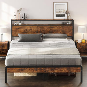 King Size Platform Bed Frame with 2-Tier Storage Headboard
