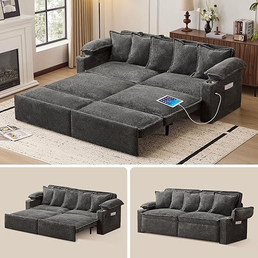 King Size Pull-Out Sofa Bed – 4-in-1 Convertible Sleeper with USB Ports & Storage