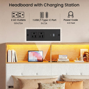 Queen Upholstered Headboard with Storage, LED Light & Charging Station