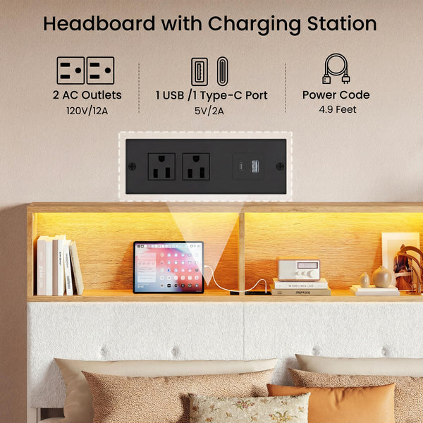 Queen Upholstered Headboard with Storage, LED Light & Charging Station