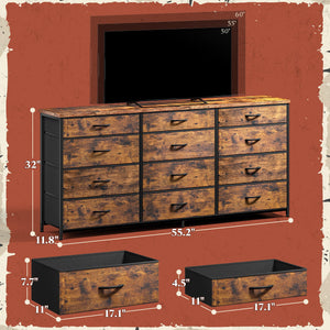 55" 12-Drawer Dresser with TV Stand – Metal Frame & Wood Top