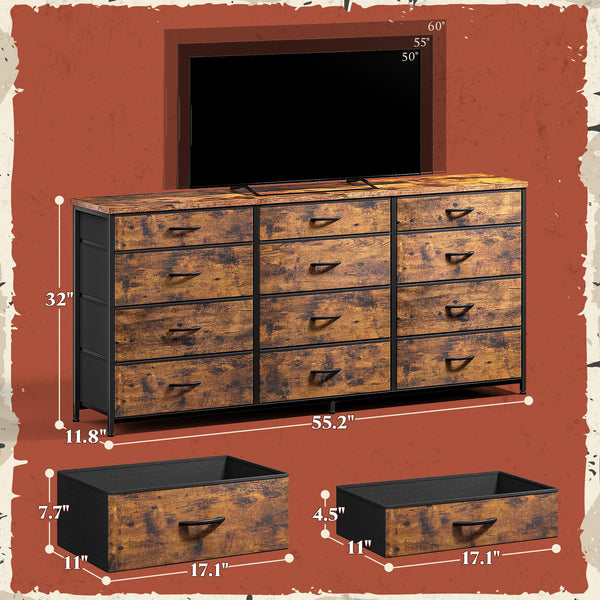 55" 12-Drawer Dresser with TV Stand – Metal Frame & Wood Top