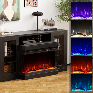 63" Fireplace TV Stand with 3-Sided Electric Fireplace & Glass Door Storage