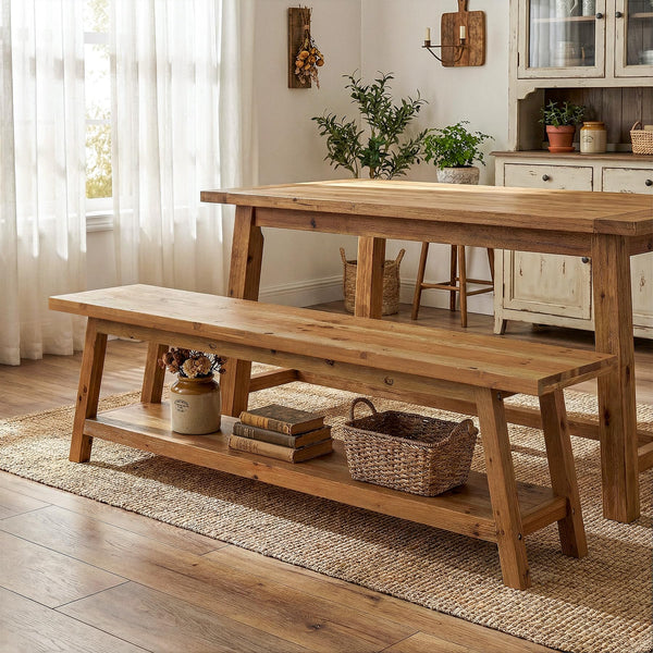 Solid Wood End-of-Bed Bench with Storage Shelf