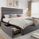 Queen Platform Bed Frame with Storage Drawers & Velvet Headboard