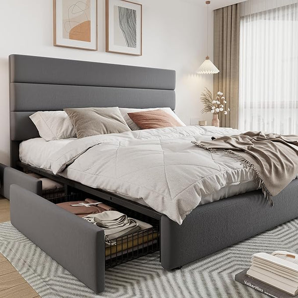 Queen Platform Bed Frame with Storage Drawers & Velvet Headboard