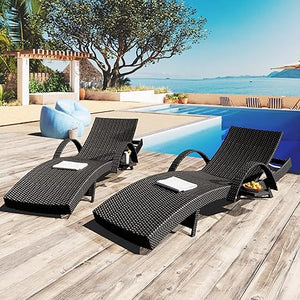 Outdoor Reclining Chaise Lounge Set of 2 with Pull-Out Side Table