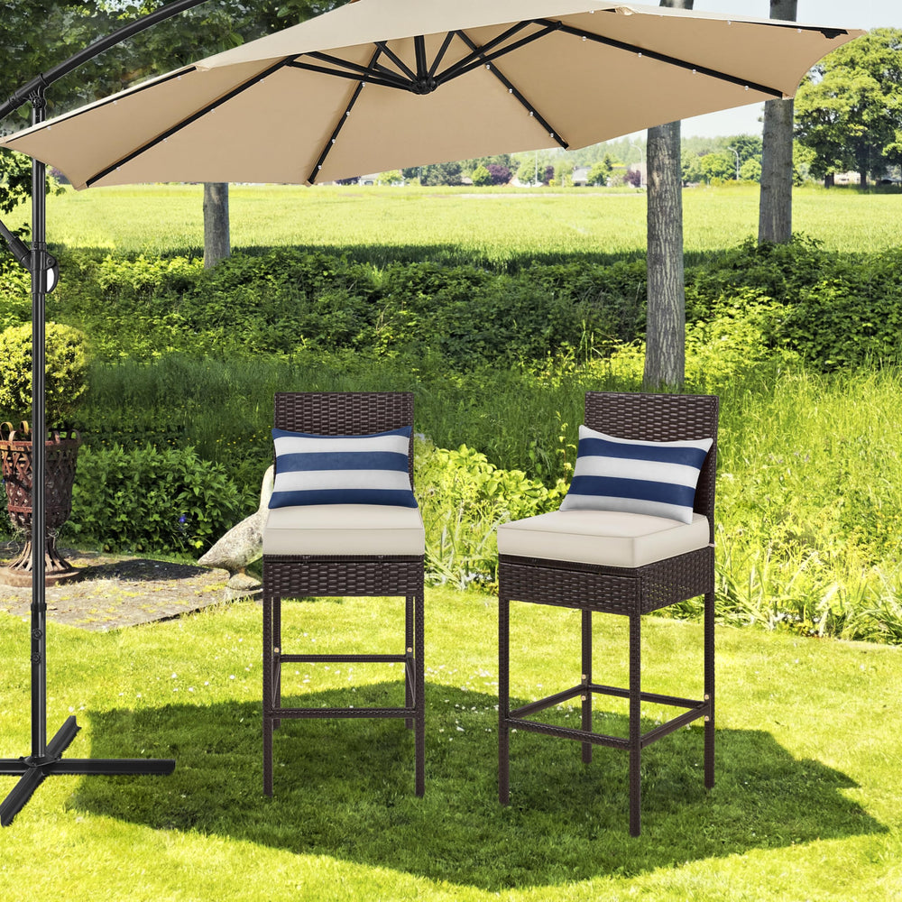 Outdoor PE Rattan Bar Stools with Cushions & Footrests