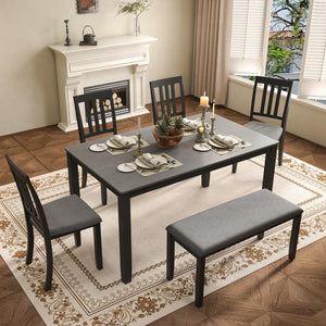 6-Piece Farmhouse Dining Table Set with Bench – 59" Rectangle Table, Upholstered Chairs, Black
