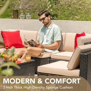 6-Piece Outdoor Sectional Sofa Set with Glass Coffee Table