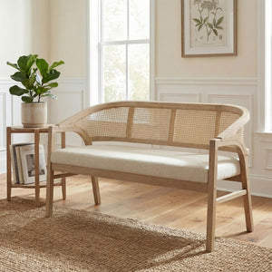 Upholstered Loveseat Sofa with Cane Backrest & Rubberwood Frame