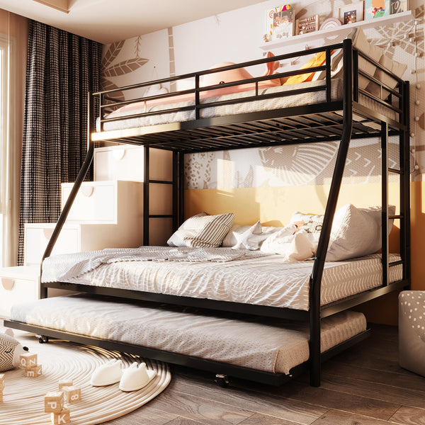 Twin Over Full Bunk Bed with Trundle – Metal Frame, Guardrails & Ladder