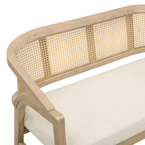Upholstered Loveseat Sofa with Cane Backrest & Rubberwood Frame