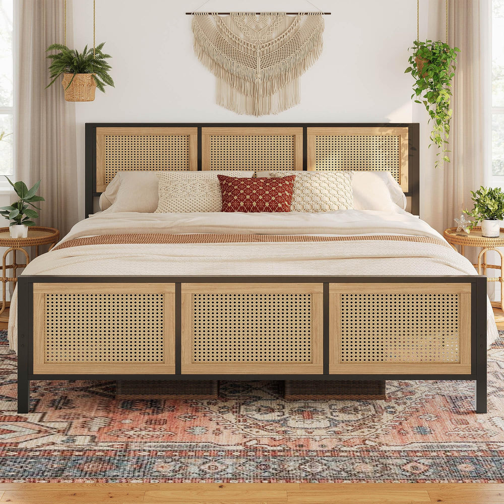 Rattan Headboard Platform Bed Frame