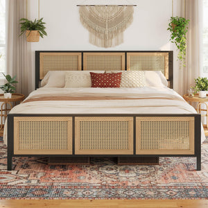 Rattan Headboard Platform Bed Frame