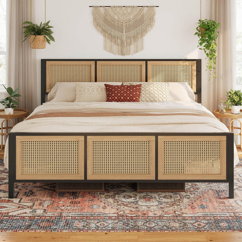 Rattan Headboard Platform Bed Frame