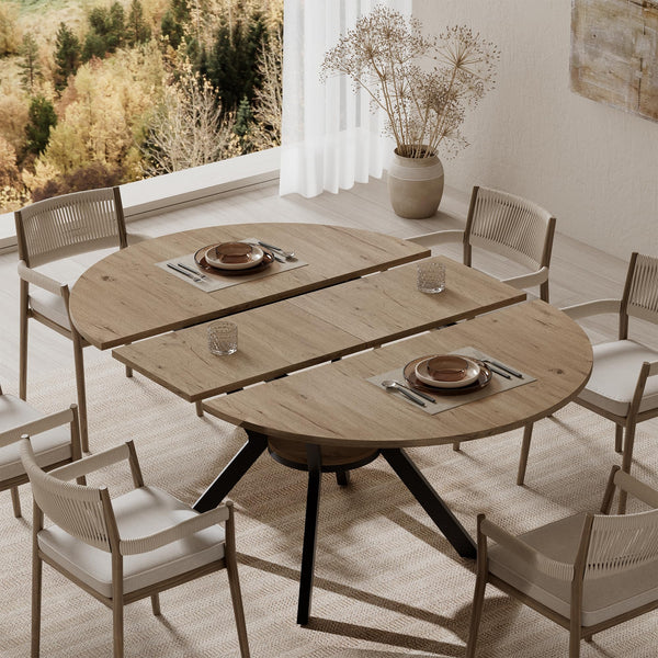 Extendable Round to Oval Dining Table with Hidden Leaves & Storage Shelf