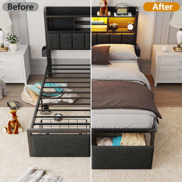 Full Size Bed Frame with Storage Drawers, Charging Station & LED Lights