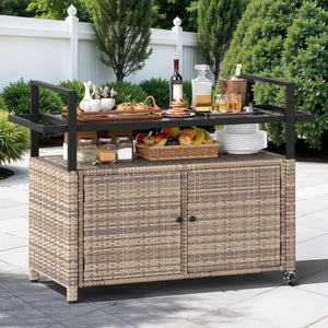 Outdoor Bar Cart with Storage Cabinet & Glass Top