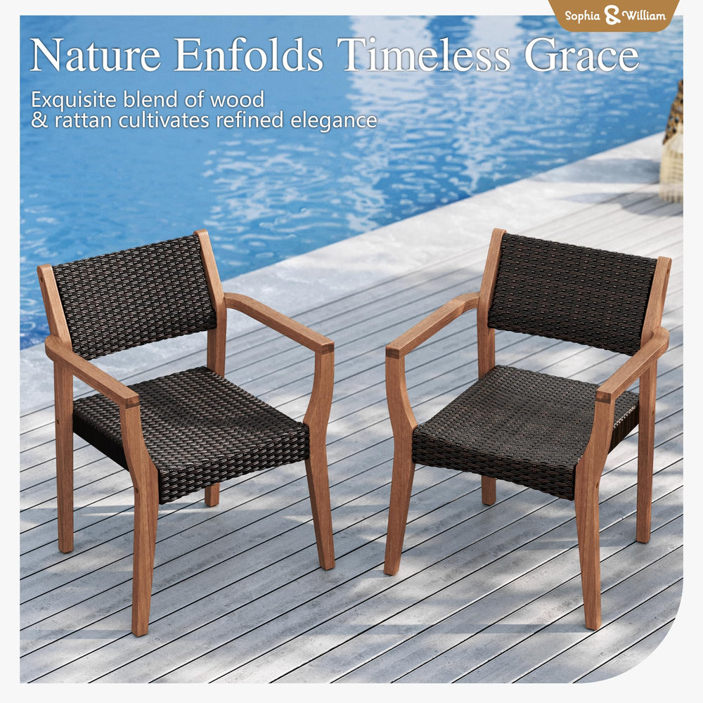 9-Piece Expandable Acacia Wood Patio Dining Set with Rattan Chairs