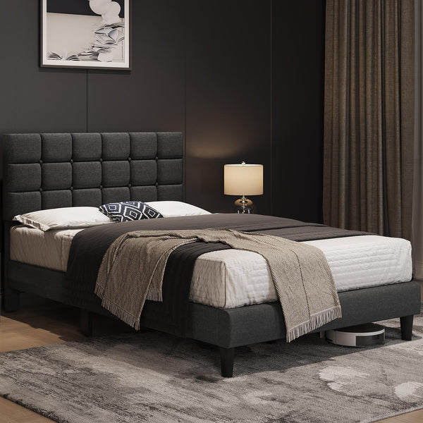 Upholstered Platform Bed Frame with Adjustable Tufted Headboard