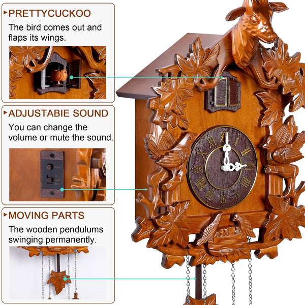 Handcrafted Wood Cuckoo Clock with Bird & Night Sensor