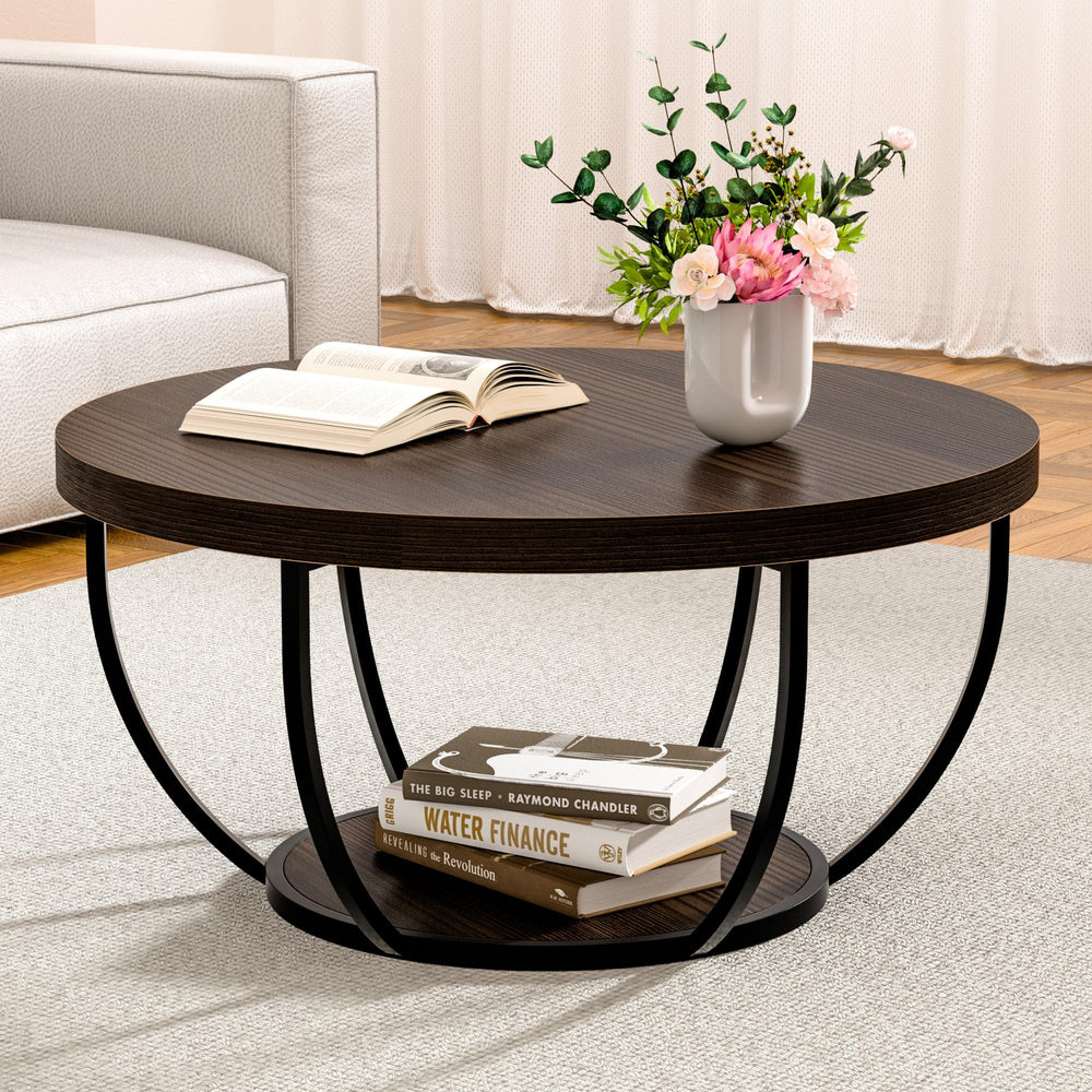 Round Coffee Table with 2-Tier Storage & Steel Frame