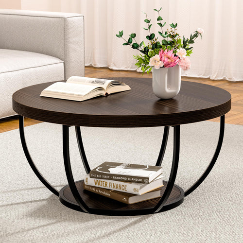 Round Coffee Table with 2-Tier Storage & Steel Frame