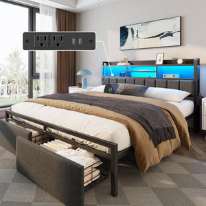 Platform Bed Frame with LED Lights, Storage Drawers & Charging Station