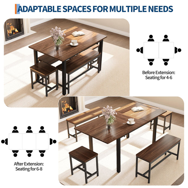 5-Piece Extendable Dining Table Set with Benches and Stools