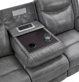 Grey Reclining Sofa with Power Outlet, Padded Headrests & Hidden Storage