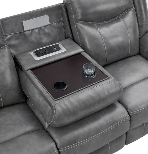 Grey Reclining Sofa with Power Outlet, Padded Headrests & Hidden Storage