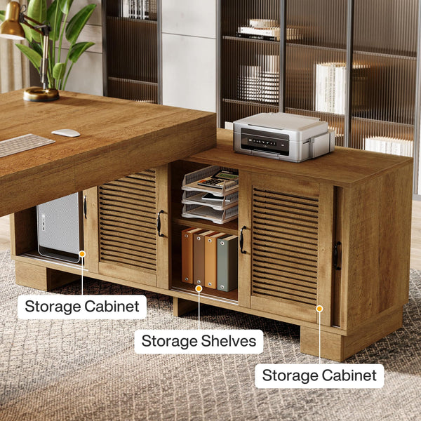 L-Shaped Executive Desk with Storage Cabinets & 2-Tier Shelf