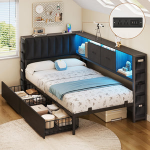 Twin Corner Bed Frame with Storage Headboard, LED Lights & Charging Station