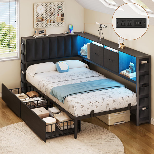 Twin Corner Bed Frame with Storage Headboard, LED Lights & Charging Station