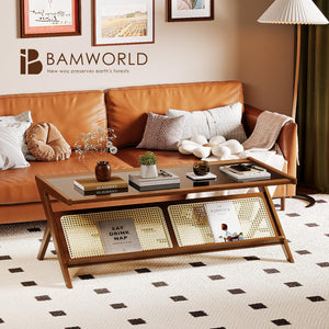 Bamboo Glass Top Coffee Table with Rattan Shelf