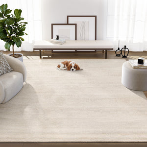 Cream Textured Stripe Area Rug – Machine Washable