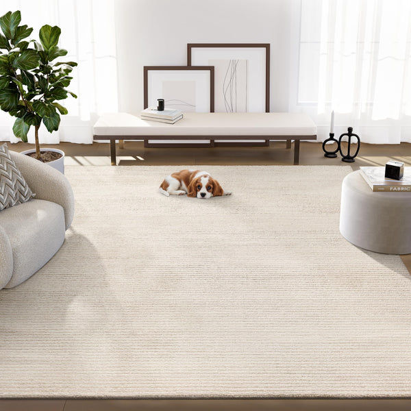 Cream Textured Stripe Area Rug – Machine Washable