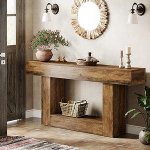 63-Inch Farmhouse Console Table with U-Shaped Base & Lower Shelf