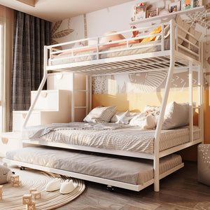 Twin Over Full Bunk Bed with Trundle – Metal Frame, Guardrails & Ladder